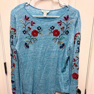 Sundance Lula Tee Blue Linen Embroidered Long Sleeve Top